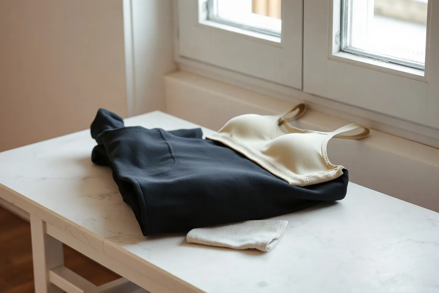 Folded black leggings and an oat sports bra on a pale stone bench