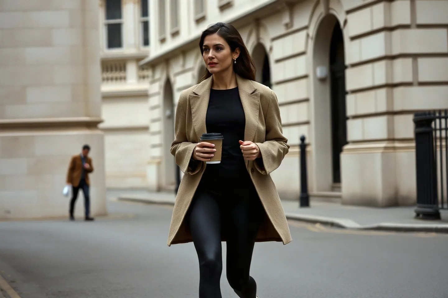 Woman walking along a London street in black activewear and an oat blazer